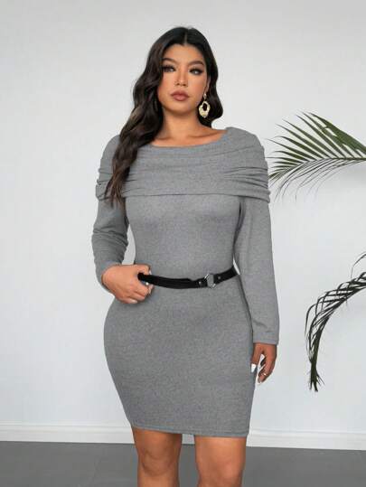 SHEIN LUNE Plus Size Pleated Solid Color Elegant Long Sleeve Fitted Sweater Dress Fall Cloth For Women