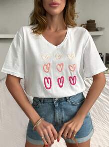 SHEIN CAMISETA DE CUELLO REDONDO CON BORDADO DE CORAZONES