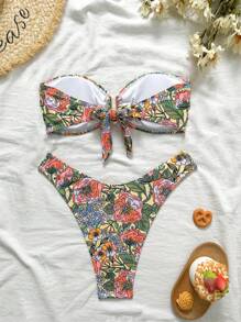 Swim Vcay Women's Two Pieces Tropical Print Bandeau Bikini Set Set With Metal Decor, Casual Resort Bikini For Summer Beach Vacation - Multicolor - View 2