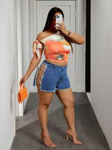 Slaydiva Plus Size Distressed Denim Shorts, Fashion Suitable For Summer - Medium Wash - View 5