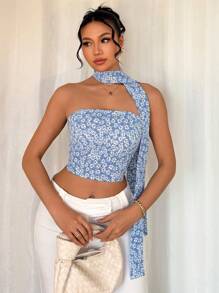Chiquease 2pcs Set: Sleeveless Crop Top Camisole + Scarf, Fashionable Strapless Sexy Style, For Women Summer 2025 - Blue - View 6