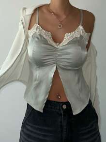 DAZY Top de seda suave con parches de encaje y abertura alta para mujer - Verde - Ver 2