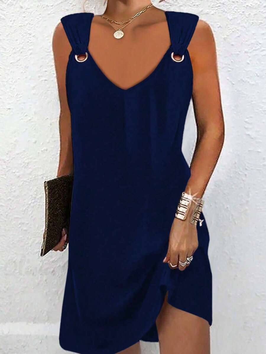 SHEIN LUNE 1 buah Gaun Wanita Polos Sederhana dan Modis, Cocok untuk Musim Panas - Navy Blue - View 1