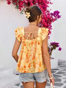 Vivid Eden 女士度假梭织印花飞机图案宽松衬衫 - 黃色 - 查看 2