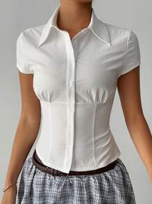 Aloruh Women's Elegant Spring/Summer Commute Daily Casual Solid White Short Sleeve Pleated Waist Shirt