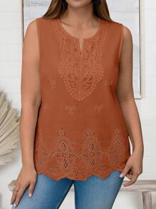 EMERY ROSE Plus Size Vacation Solid Color Casual Sleeveless Tank Top & Camisole Set, Minimalist Style For Everyday Wear,Spring/Summer - Rust Brown - View 5