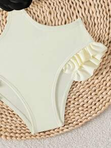 1 件年轻女孩纯色花卉可爱沙滩泳衣，母女配套服装（2 件套单独出售） - 米色 - 查看 3