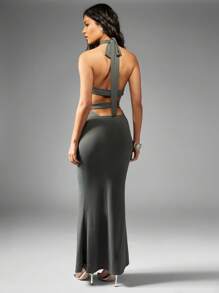 MISSGUIDED Stretch Jersey Halter High Neck Maxi Dress With Open Back And Tie Neck