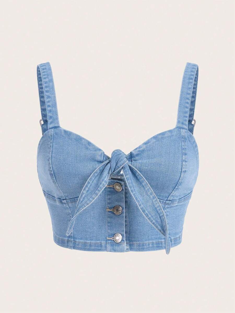 SHEIN MOD 女式前系带单排扣短款牛仔吊带背心 - 淺色水洗藍 - 查看 1