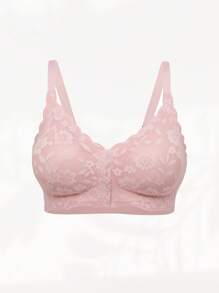 SHEIN Romantic French Lace Splice Thin Padded Wave Trim Solid Front Closure Women Lingerie Bra - Dusty Pink - View 7