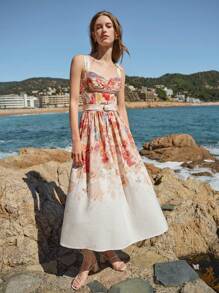 MOTF PREMIUM WOMEN'S LINEN FLORAL PRINT GATHERED DRESS, SUMMER VACATION - Apricot - View 6