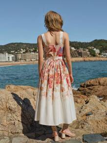 MOTF PREMIUM WOMEN'S LINEN FLORAL PRINT GATHERED DRESS, SUMMER VACATION - Apricot - View 9