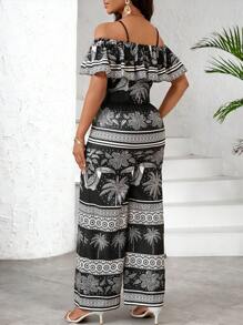 SHEIN Lady 女士棕榈树印花荷叶边露肩阔腿休闲连体裤，适合度假 - 黑色 - 查看 2