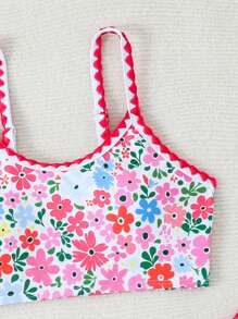 Tween Girl Floral Print Bikini Set With Cover Up Skirt - Black and White - View 3