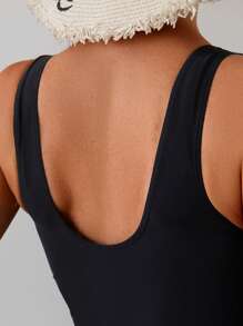 Swim Basics Women's Black Solid One-Piece Swimsuit With Front Criss-Cross Tie Design, Summer Beach Vacation - Black - View 5