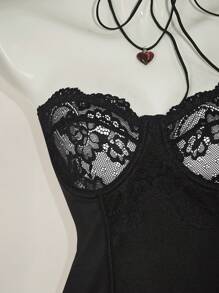 SHEIN ICON Women's Slim Fit Lace Sheer Panel Underwire Halter Neck Top - Black - View 4