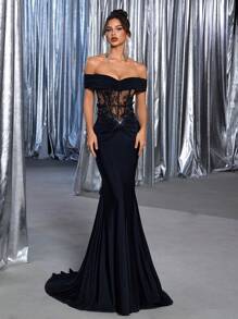 Glamrae Elegante y lujoso vestido negro de hombros descubiertos con bordados, aplicaciones de encaje, acento fruncido y volante de cola de sirena con tejido elástico, adecuado para bodas, cócteles, vacaciones, bailes y eventos formales (diseño elaborado), vestido de fiesta, vestido de noche, para invitados de boda - Negro - Ver 7