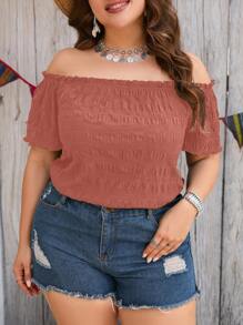 SHEIN Clasi Blusa de talla grande para mujer de color liso con volantes y manga corta descubierta de los hombros para vacaciones