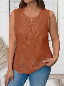 EMERY ROSE Plus Size Vacation Solid Color Casual Sleeveless Tank Top & Camisole Set, Minimalist Style For Everyday Wear,Spring/Summer - Rust Brown - View 6