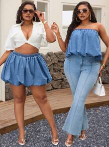 SHEIN SXY Two Ways To Wear Plus Size Women's Denim Tube Top, Minimalist Fashion, Suitable For Autumn Sundress Short Skirt Autumn Outfits For Women Festival Outfits Elegant Beach Vacation Outfits Women Autumn Tops - Blue - View 1