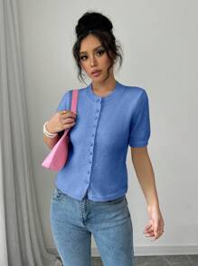 Chiquease New Casual Loose Pink Minimalist Buttoned Knit Pullover Sweater, Women Short Sleeve - Navy Blue - View 8