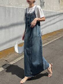 FRIFUL Women's Straight Cut Denim Pinafore Dress