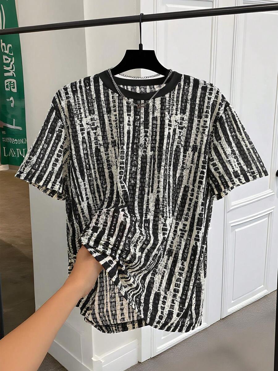 Men's All-Over Print Round Neck Short Sleeve T-Shirt, Suitable For Summer - Black - View 1