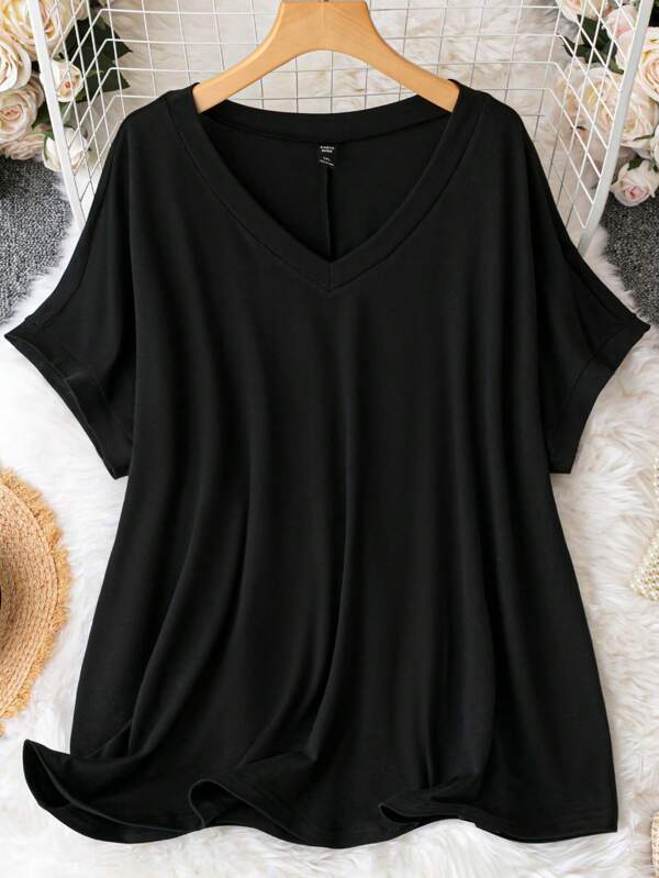 SHEIN CURVE+ Plus Size V-Neck Loose Knit T-Shirt Dress