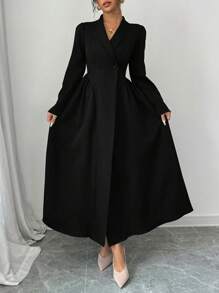 Selianne Vestido midi de manga larga con cuello alto y cintura de unicolor, elegante y digno, para trabajo, vestimenta de mujer de otoño - Negro - Ver 3