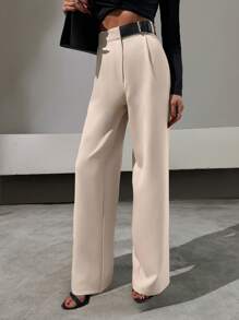 SHEIN Tall Pantalón de corte recto con detalle de cinturón de media piel sintética, estilo elegante