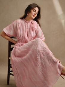 Anewsta Vestido de Tencel plisado con estampado floral teñido anudado, elegante diseño para primavera, festivales y bodas para mujeres - Rosa - Ver 2