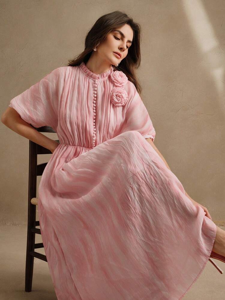 Spring Holiday, Festival, Wedding Guest Design Elegant Pleated Floral Tie Dye Tencel Dress For Women