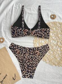 SHEIN Swim Conjunto de biquíni feminino com estampa de leopardo e alça grossa, decoração de metal, costas torcidas, para primavera - Multicolorido - Ver 4