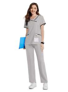 TaskEZ Women Summer Contrast Trim V-Neck Short Sleeve Scrub Uniform Top - Light Grey - View 3