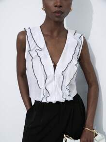 Aveloria Modichic Elegant Minimalist Romantic Two Tone Ruffle Trim Sleeveless Women Shirt - Black and White - View 1