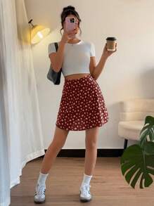 Chiquease Damen schwarzer Ditsie Blumen A-Linien Rock, neuer Sommer Mini Rock 2024, schmeichelhafter A-Linien Rock für birnenförmige Figur - Rot - Übersicht 3