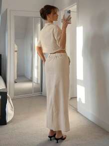 Siren Gaze 2件套女士纯色休闲短袖拉链领口袋衬衫和迷你裙