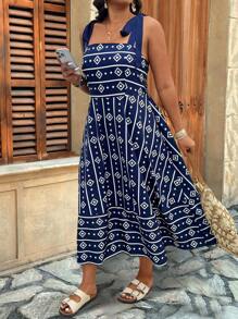 Breezaya Plus Size Asymmetrical Colorblock Geometric Striped Print Tie-Shoulder A-Line Midi Casual/Holiday Dress - Multicolor - View 5