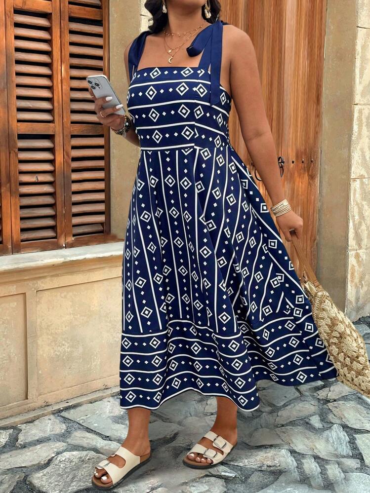 Breezaya Plus Size Asymmetrical Colorblock Geometric Striped Print Tie-Shoulder A-Line Midi Casual/Holiday Dress - Multicolor - View 5
