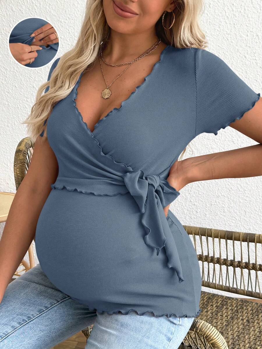 SHEIN Maglietta da maternità tinta unita a maniche corte, di moda per l'estate - blu polveroso - Visualizzare 1