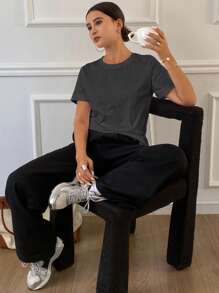 Livesso Women's Casual Round Neck Short Sleeve Solid T-Shirt, New Arrival For Autumn - Dark Grey - View 3