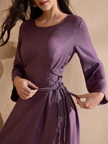 Graceveil Round Neck Solid Color Criss-Cross Tie Long Dress