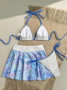 Swim Mod 25SS Summer Beach Wear Set For Girls, Includes Cute Baby Blue Ditsy Floral Mini Dress, Contrast Color Triangle Bikini Top And Bottom, Perfect For Vacation - Blue - View 2