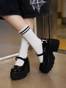 Sugerpunk Women Black Leather Chunky Wedge Platform Shoes, For Outdoor, Graduation, Wedding Party, Summer, University Students, Spring - Black - View 4