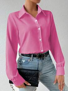 Chiquease Women Solid Front Button Casual Long Sleeve Bodysuit - Hot Pink - View 7