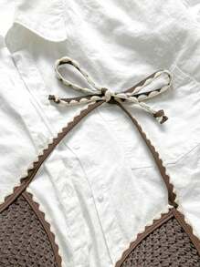 Swim Mod Women's Summer Solid Color Jacquard Fabric Scalloped Tie Strap Bikini Top