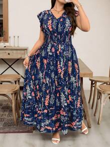 SHEIN LUNE Plus Size Women All-Over Floral Print Long Casual Dress Summer Outfits For Women Graduation Dress Summer Dresses For Women,Beach Dress Sundress,Holiday Outfits Boho Summer Outfits For Women Vacation Outfits Women