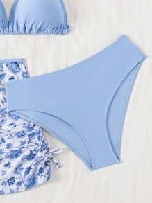Set de 3 piezas Bikini azul marino con falda de malla para adolescentes, conjunto de traje de baño de verano con estampado de flores pequeñas para vacaciones en la playa, traje de baño de 1 pieza de verano para adolescentes - Azul y blanco - Ver 4