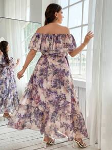 SHEIN CURVE+ 大码女式浪漫休闲优雅紫色印花双层褶皱边单肩领A字超长雪纺飘逸连衣裙 - 彩色 - 查看 7