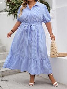 SHEIN CURVE+ Bohemian Style Blue & White Striped Print Ruffle Hem Tie Waist Casual Dress, Plus Size, Summer, Curve Plus, Boho Vacation Beach Outfits For Woman/Beach Dress/Beach Vacation Outfits/Beach Essentials / Graduation/Tea Party Dress